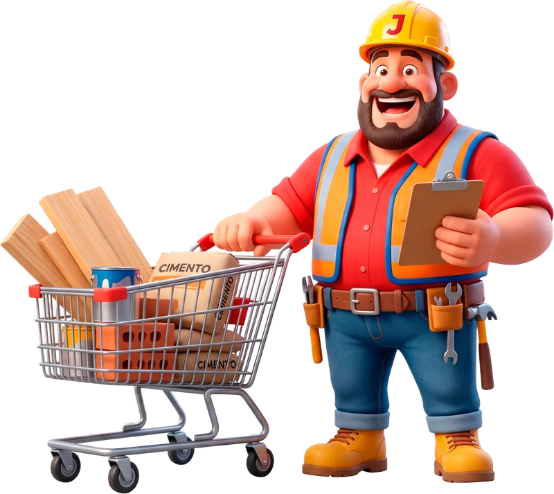Personagem da Janeco conferindo a lista na prancheta ao lado do carrinho de materiais