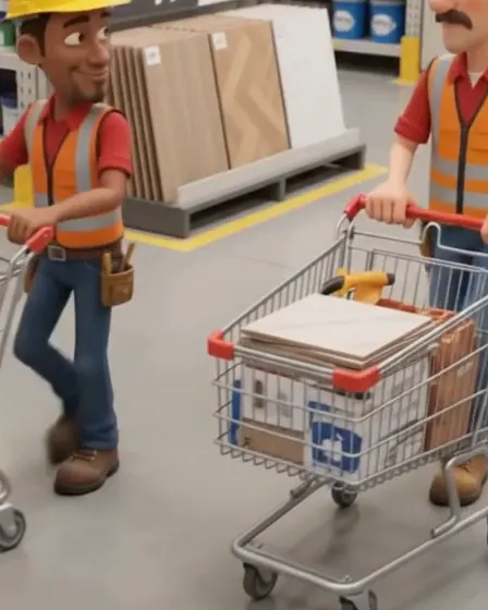 Clientes da Janeco com carrinhos de porcelanato e materiais básicos no corredor da loja