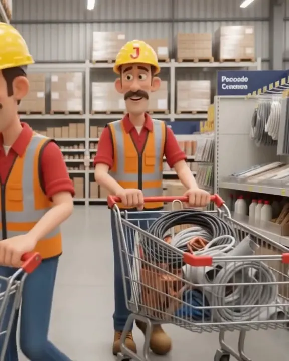 Clientes da Janeco com carrinhos cheios de materiais variados, como cabos, tijolos e revestimentos