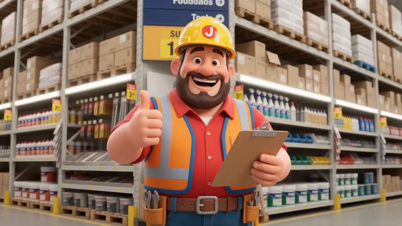 Animação do personagem da Janeco e clientes com carrinhos de materiais nos corredores de uma loja de construção